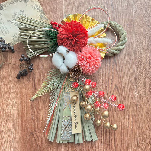 No.510 ピンポンマムのわらしめ縄リース2025 ハンドメイドお正月飾り