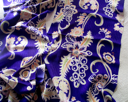 ♥アンティーク 古布 アールデコ 正絹 紋錦紗ちりめん 着物端布 桔梗紫