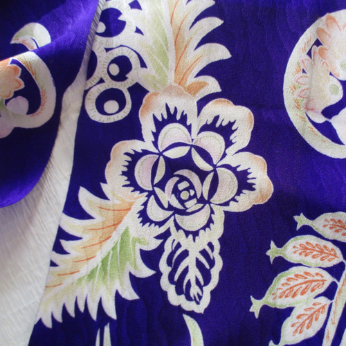 ♥アンティーク 古布 アールデコ 正絹 紋錦紗ちりめん 着物端布 桔梗紫