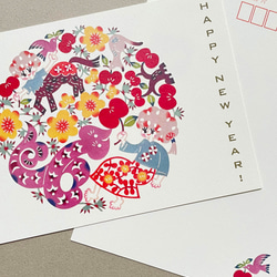 年賀状風ポストカード5枚セット　おたえのみシークレット ♦️5枚セット♦️2025年巳年・彩色切り紙年賀状 ポストカード［garden