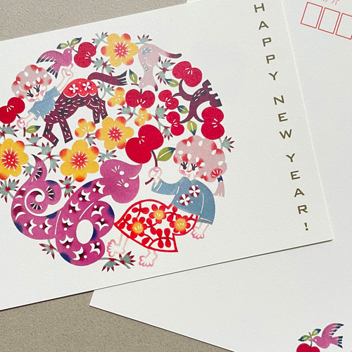 ♦️5枚セット♦️2025年巳年・彩色切り紙年賀状 ポストカード［garden