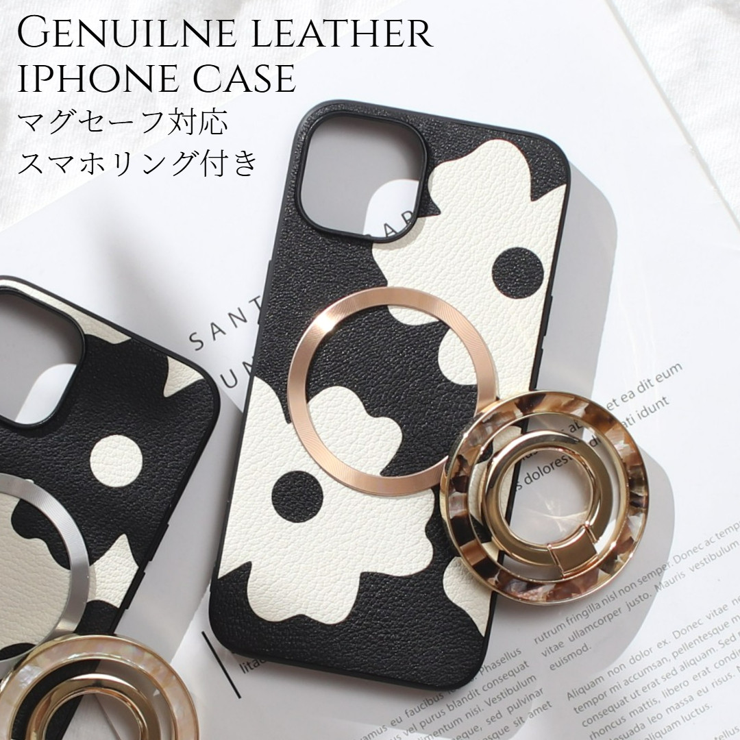 iphone ケース 本革 16 15 14 13 mini レザー マグセーフ対応 リング付き 可愛い 花柄 べっ甲