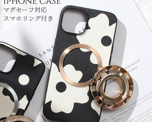 iphone ケース レザー リング付き マグセーフ対応 花柄 べっ甲 iphone ケース 本革 16 15 14 13 mini レザー マグセーフ対応