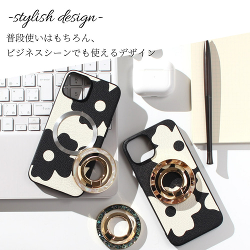 iphone ケース レザー リング付き マグセーフ対応 花柄 べっ甲 iphone ケース 本革 16 15 14 13 mini レザー マグセーフ対応