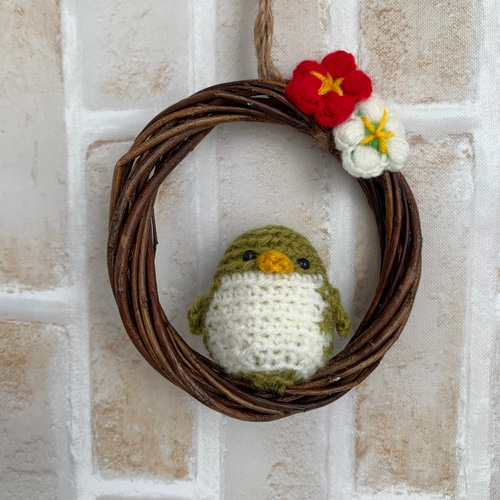 小鳥 うぐいす 花のミニリース お正月飾り あみぐるみ しめ縄