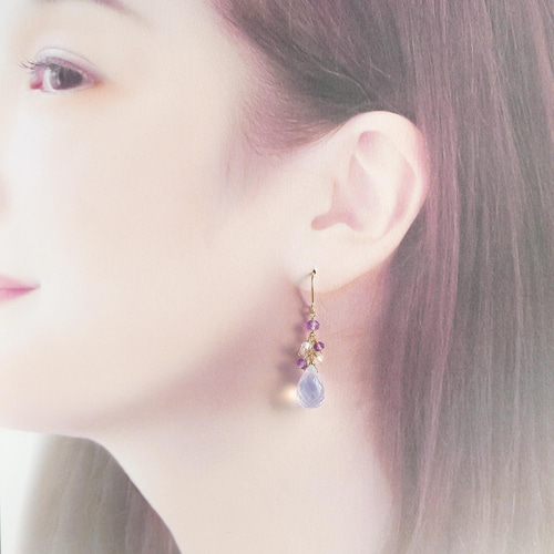 スコロライトとラベンダーカラー天然石のピアス／イヤリング 14kgf