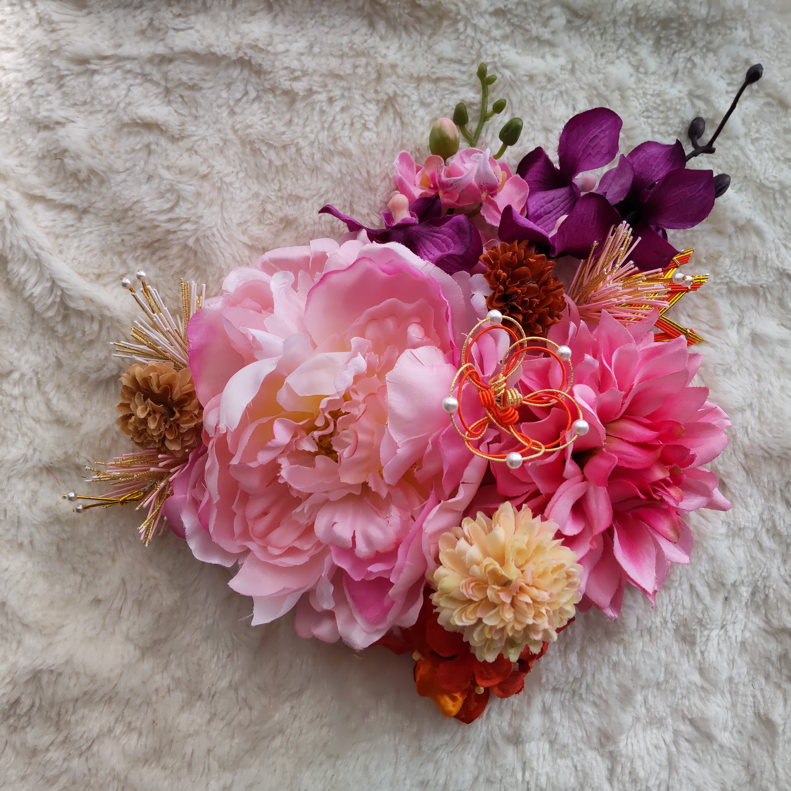 造花髪飾り　ピンクピオニー　ダリア　オレンジアジサイ