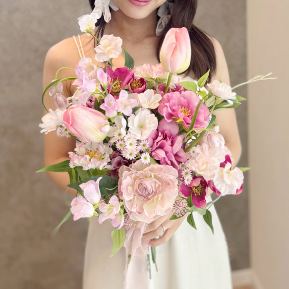 ウェディングブーケ アーティフィシャルフラワー 桜 チューリップ ピンク 幸せいーっぱい詰め込んだ』桜とチューリップの春ブーケ