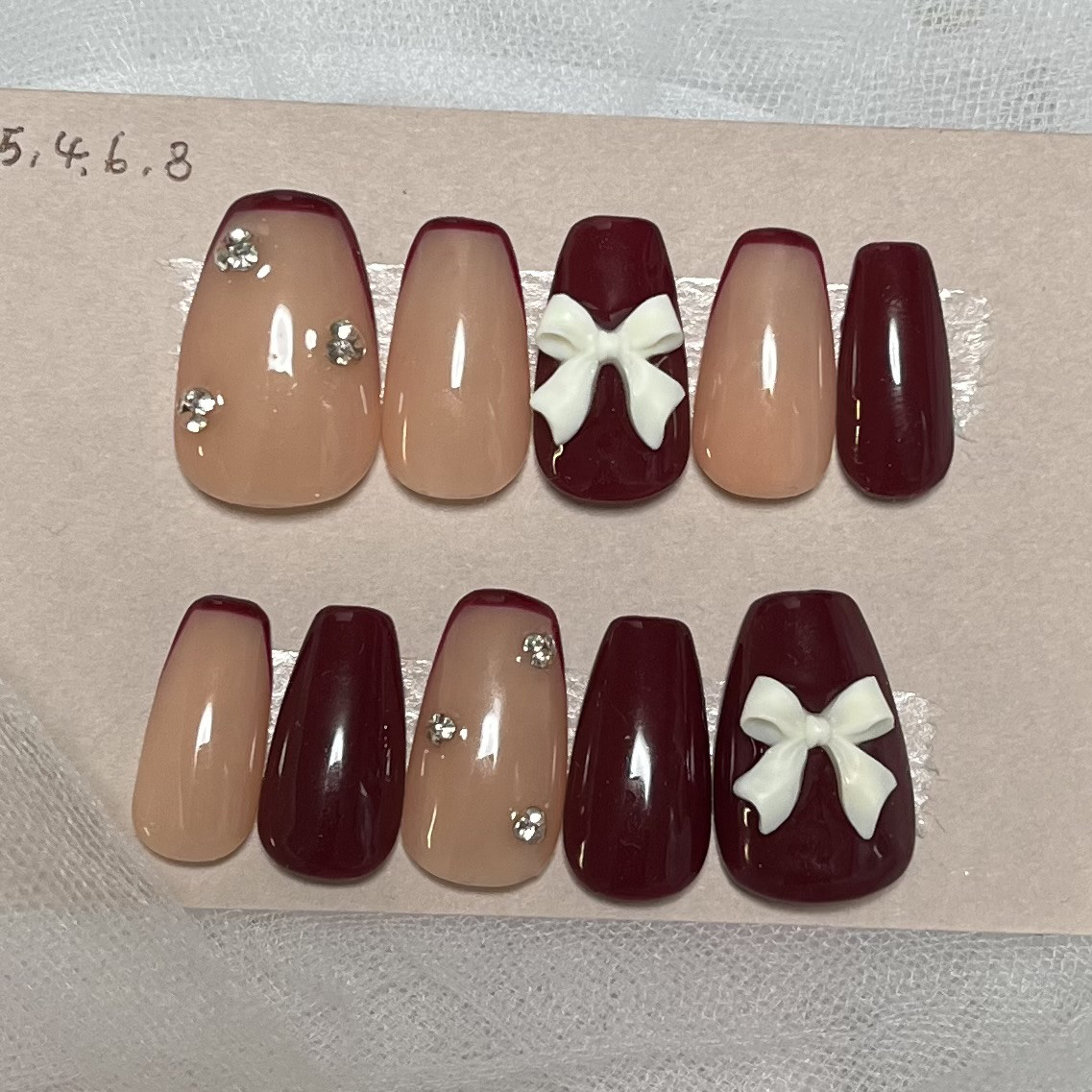 【No.044】バレンタインネイルチップ♡ツイード♡リボン♡ブラウン ネイルチップお名前赤ツイードリボン