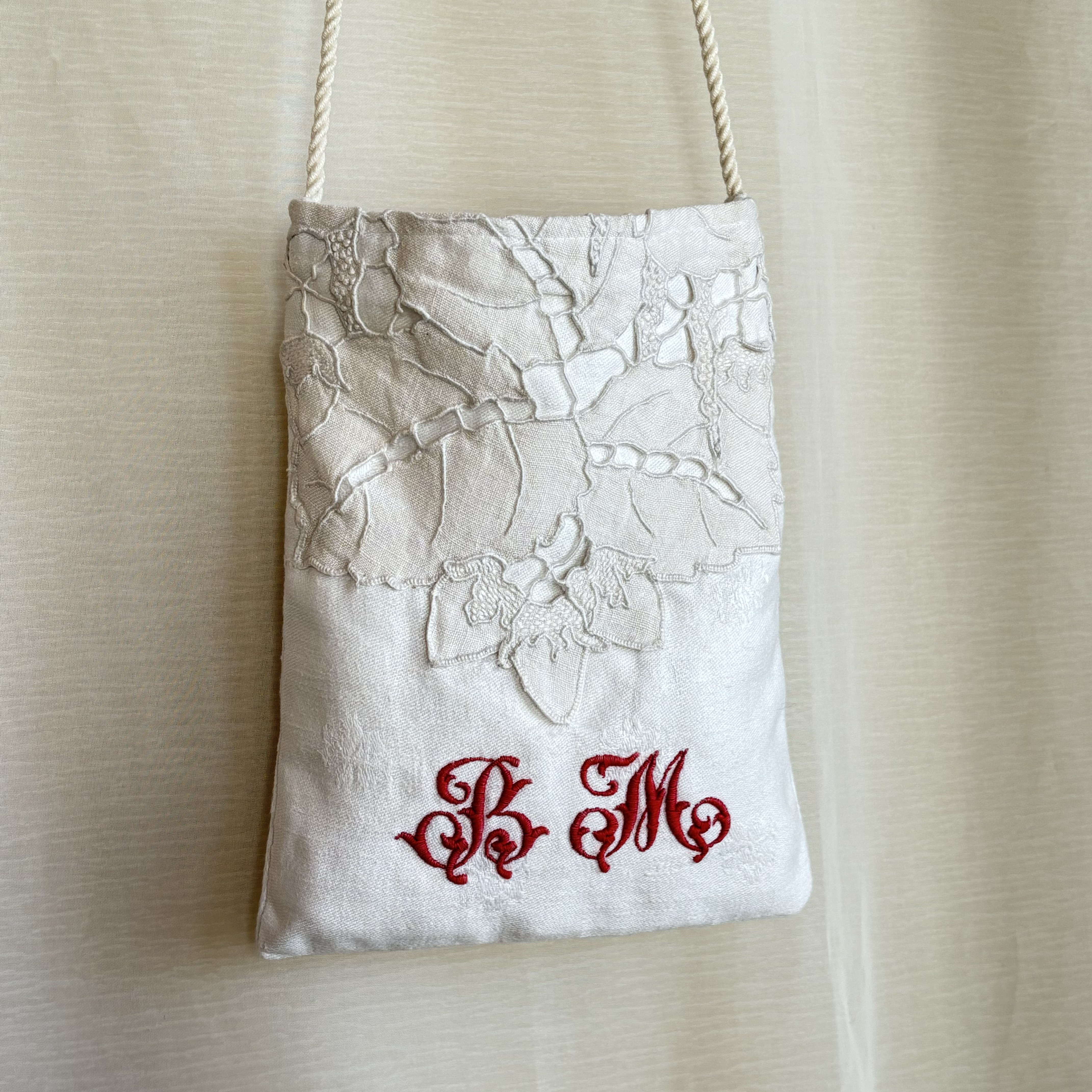 フランス　アンティーク　刺繍　布　手編み　リネン　手刺繍　オーバル