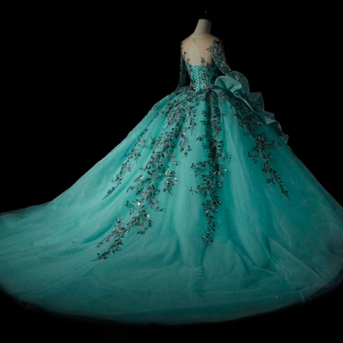 美品！翡翠色 優雅なカラードレス 長袖 シースルー袖 魅惑の花レース