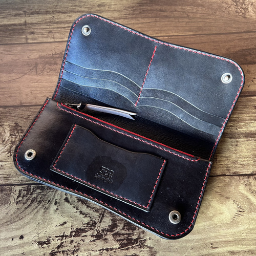 【牛ヌメ革／手染めブラック】ロングウォレット｜重厚感ある長財布｜手縫い 牛ヌメ革／手染めブラック】本革ロングウォレット｜重厚感ある大容量長