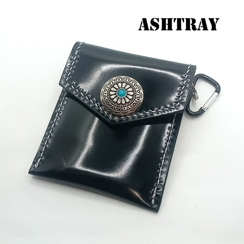 美品　KC,S レザー　コンチョ付　携帯灰皿　スター柄 本革レザー携帯灰皿ブラックエナメル牛革ポケット灰皿ターコイズ