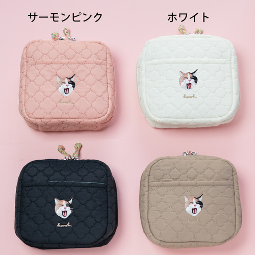 モモンガハウス（猫柄・ピンク）ボアピンク       ポーチ  2000円 在庫限り 名入れ無料 化粧ポーチ あくびする猫のポーチ｜ギフトにも