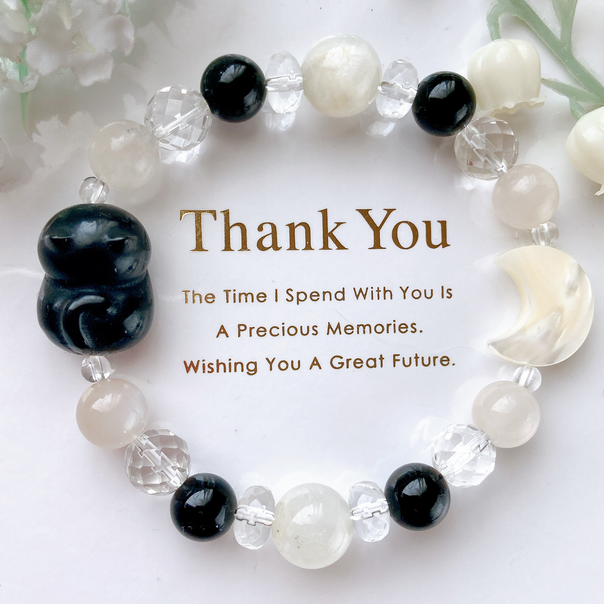 オブシディアン黒猫ちゃんお月様天然石ブレスレット