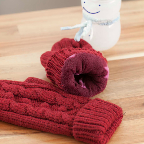 あたたかい・手編み ウール手袋・ミトン＊ワイン＊裏フリース