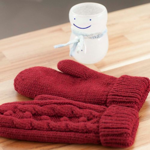 あたたかい・手編み ウール手袋・ミトン＊ワイン＊裏フリース