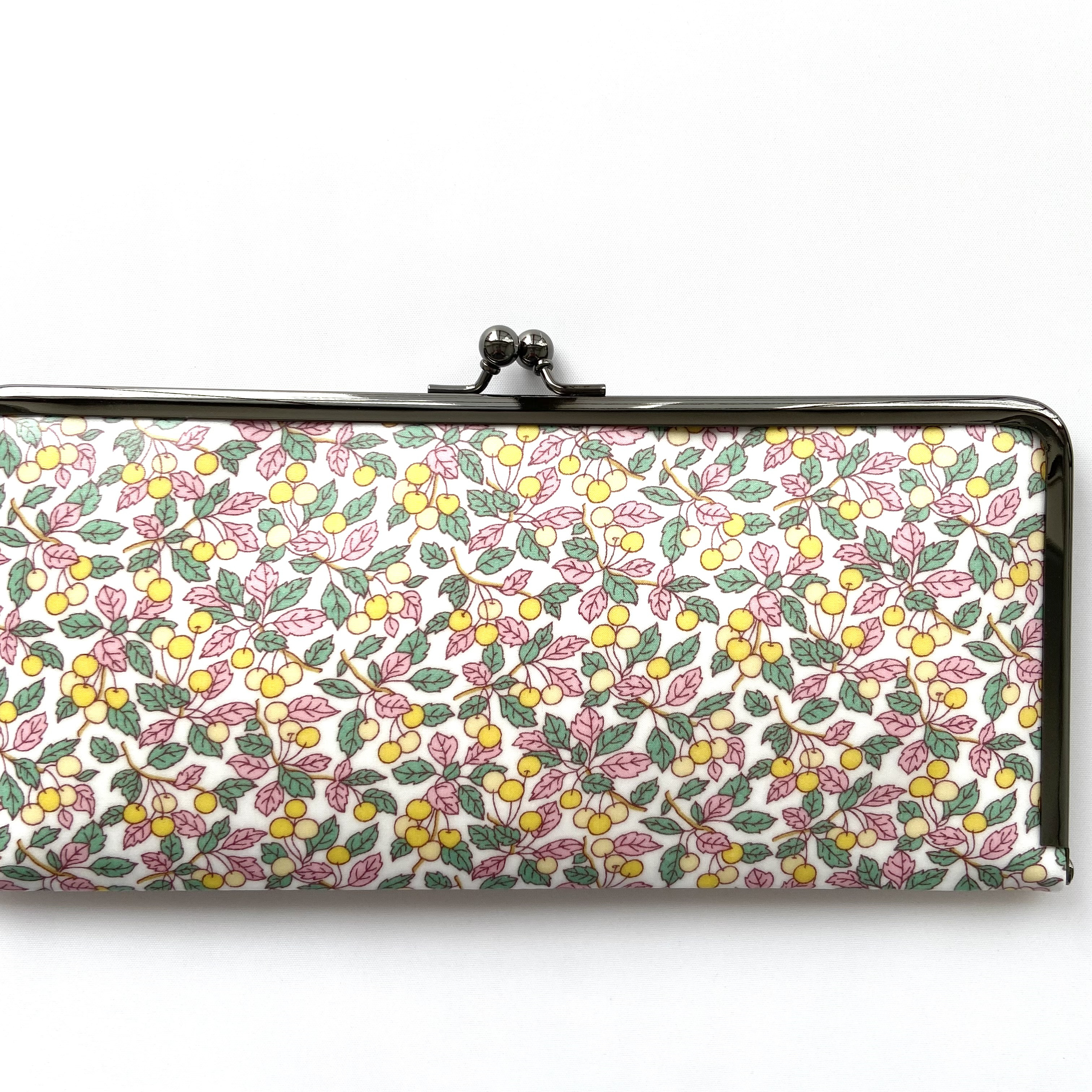 ＊ラミネート＊ がま口長財布 スリム コリーンズオーチャード ピンクイエロー リバティプリント使用