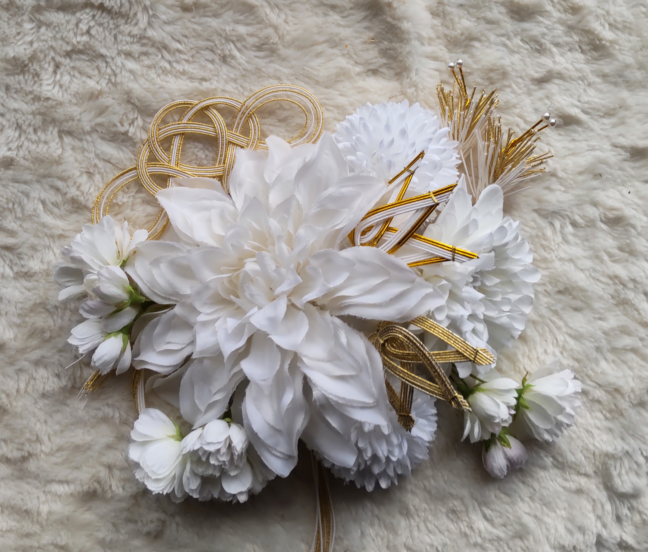 造花髪飾り　白ダリア　マム　八重桜　松竹