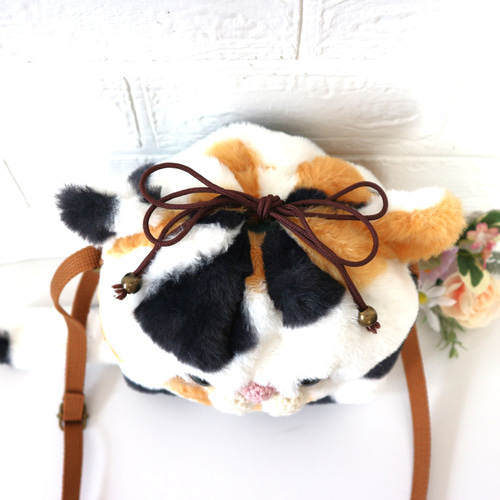 もこもこファーの猫ちゃんのショルダーバッグ（三毛猫