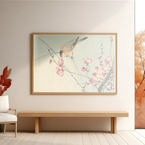 梅の枝に止まる鳥日本画インテリアポスター☆花柄お正月和室