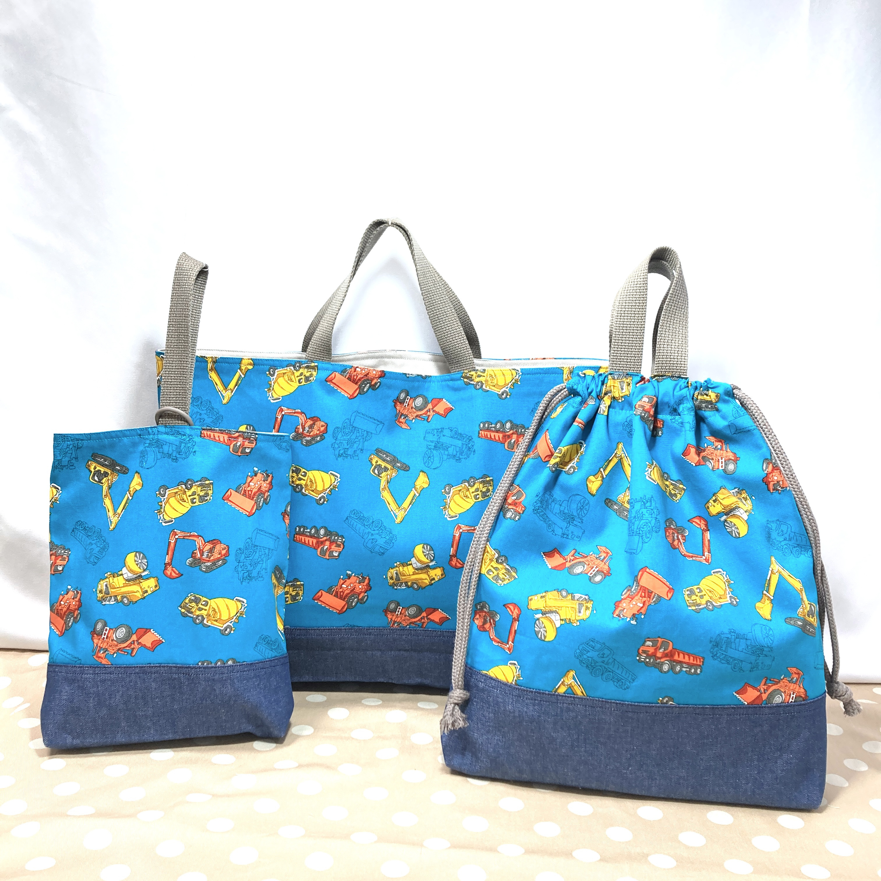 入園入学3点セット　はたらく自動車　工事車両ブルーグリーン⑤大き目　サイズオーダーあり