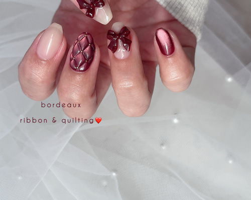 ネイルチップ＊ボルドー 赤 レッド キルティング リボン マグネット