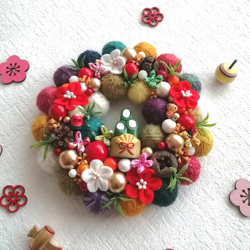 カラフルでにっこり❀毛糸玉の正月飾り〜門松〜（Sサイズ） リース