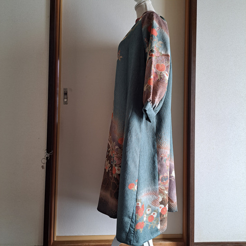 ☆ 着物リメイク/訪問着/ラグランスリーブ/ハイネックワンピ―ス