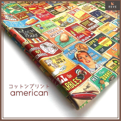 レトロアメリカン柄 コットンプリント生地 A 110×45cm シーチング布 