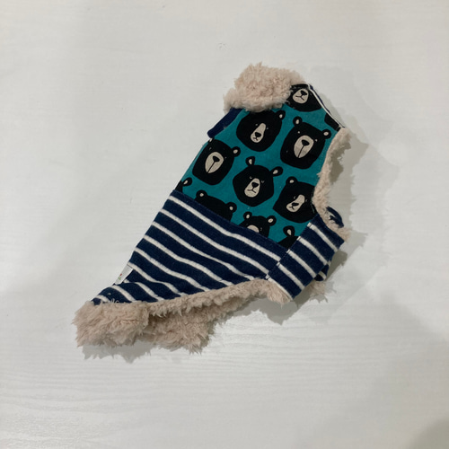 犬服 ポンチョ クマ柄（ブルー）&ボーダー（紺）プードルファー XXS