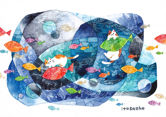 原画】『雨上がりの空の下』（猫 絵画 パステル画 ハチドリ）
