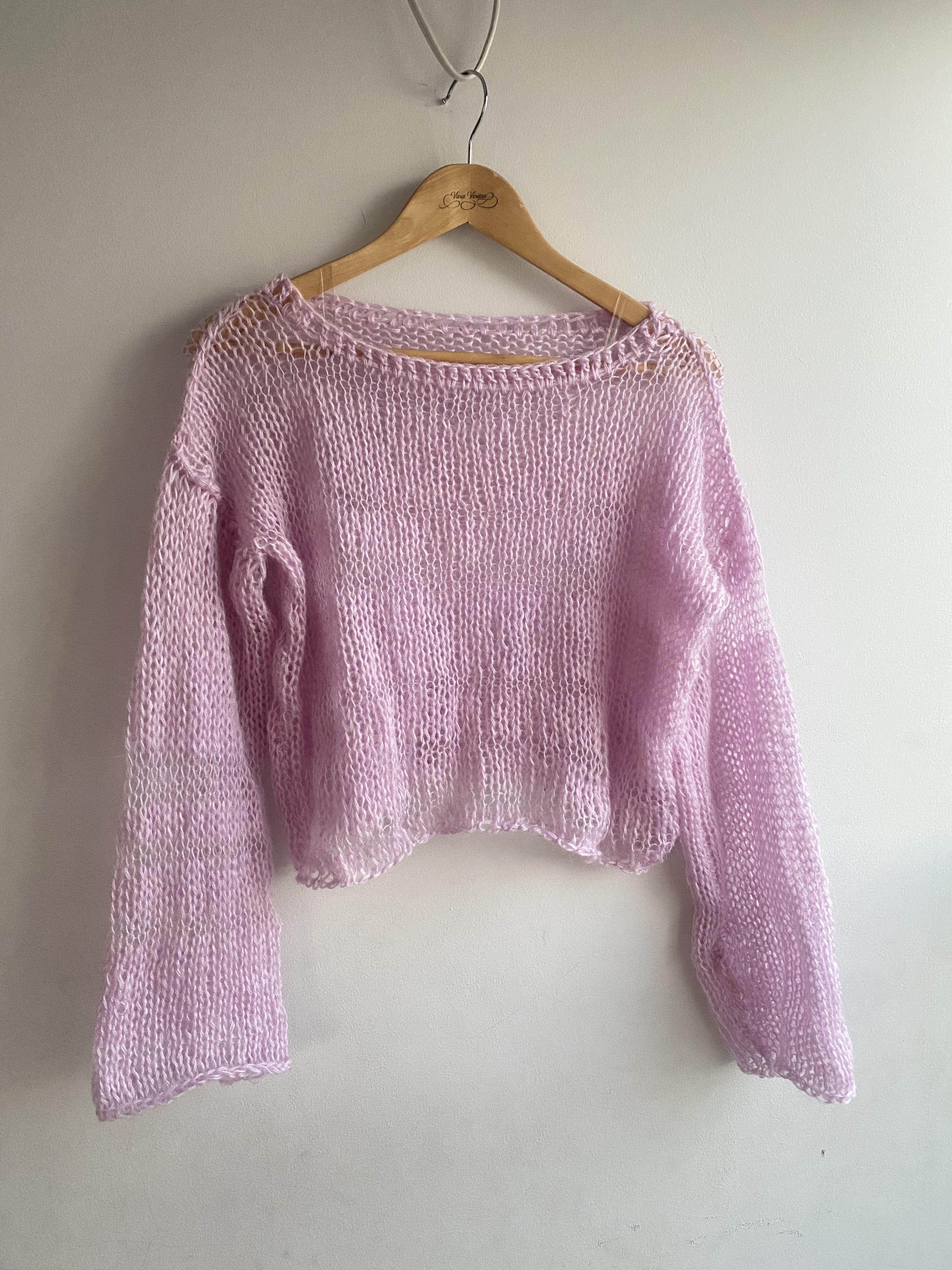 【手編み】シアーモヘアニット　オーバーサイズ　短丈　長め袖　パステルピンク、ラベンダー　ローゲージ