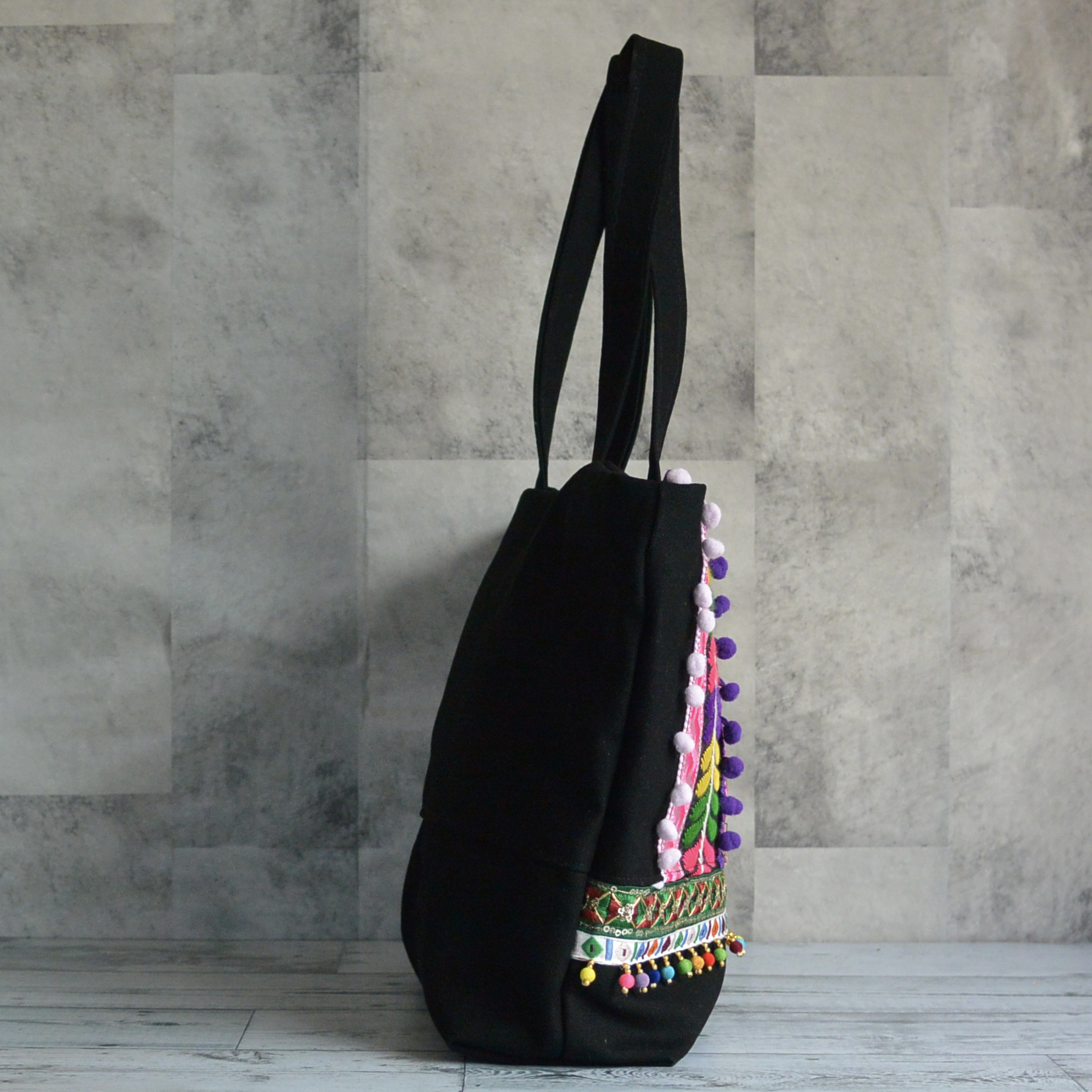 A4サイズ収納対応！カラフルなインド刺繍リボンのトートバッグ【Lサイズ】