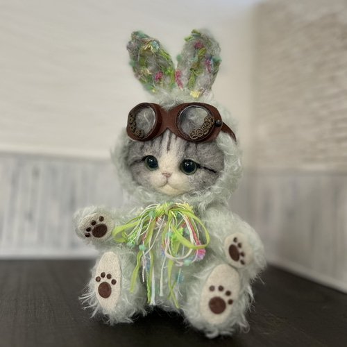 うさぎの着ぐるみを着たごーぐるにゃんこ(ミント) テディベアタイプ