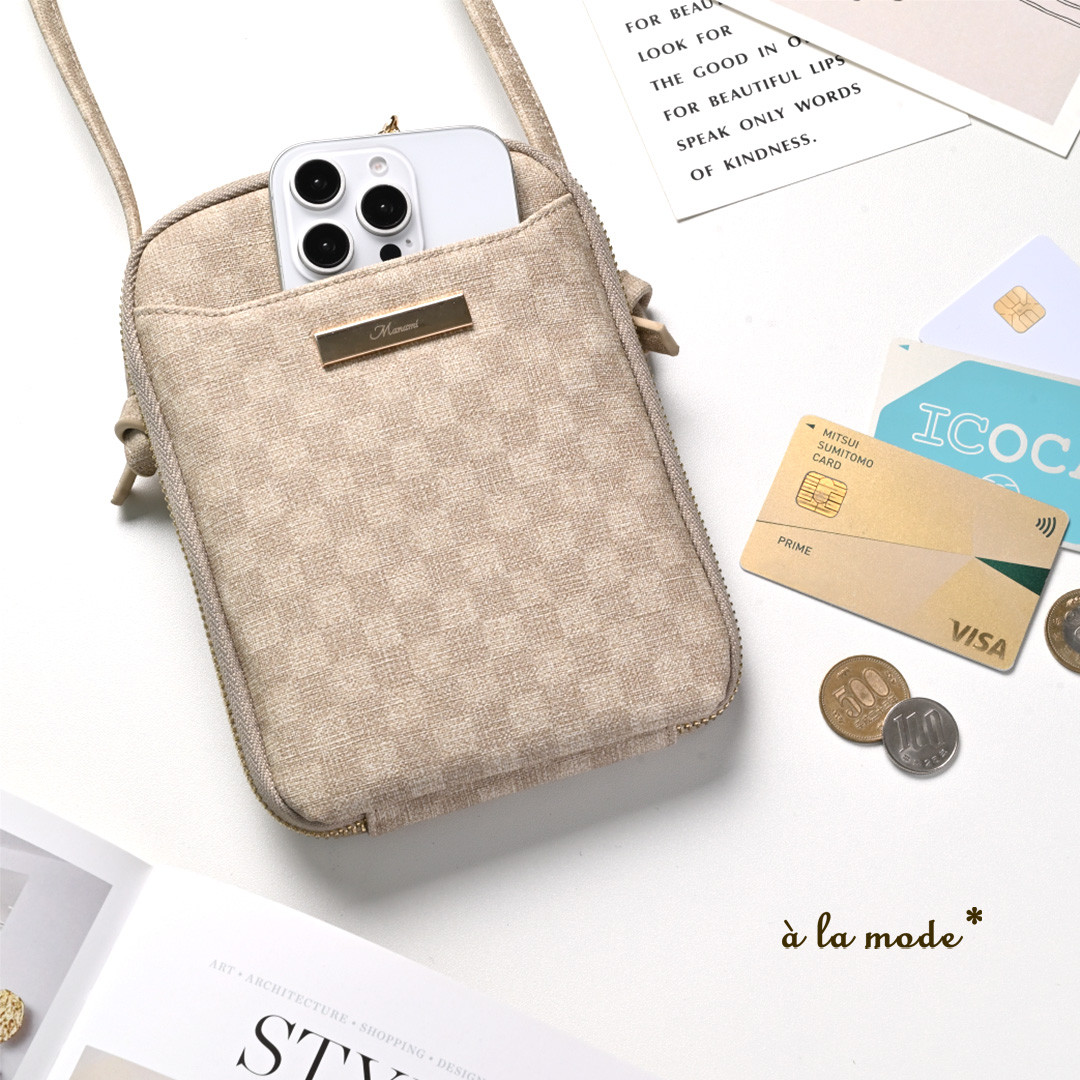 ラウンドファスナー スマホポシェット 【 フィオレッティ チェック柄 】 名入れ 国内産PVCレザー HO07A