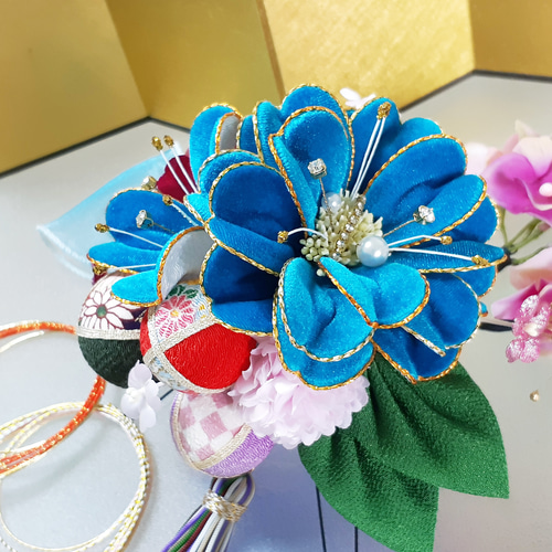 【高知インター店】 青緑の華やぎ - コバルトブルー 青緑 ベルベット大輪花髪飾り ヘアアクセサリー