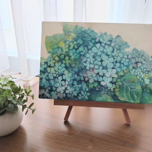 原画)梅雨を彩る紫陽花 水色 アート 癒やし 花 日本画 爽やか