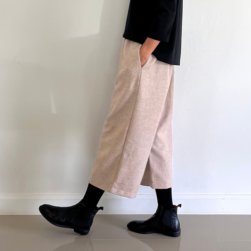 新色2025 秋冬ゆったりワイドパンツ ベージュ ヘリンボーンツイード