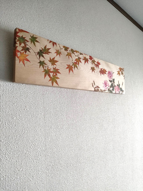 紅葉と薔薇の窓」バラ 紅葉 冬秋 絵画 アート 絵画 季節の絵付け〜こ