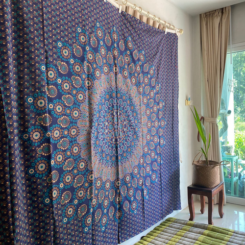 インドコットン100％ 曼荼羅ブロックプリント マルチクロス