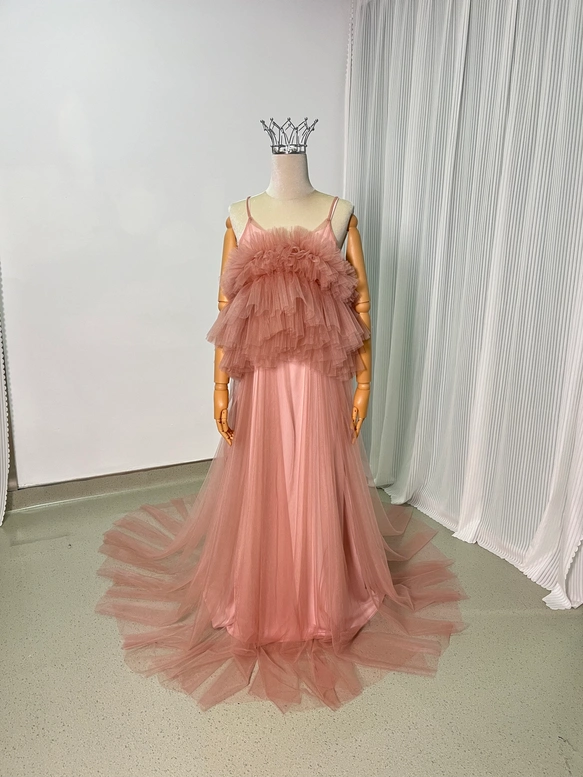 実例写真！パーティードレス キャミソール ツーピース ピンク デザイン感 前撮り 妊婦 2次会