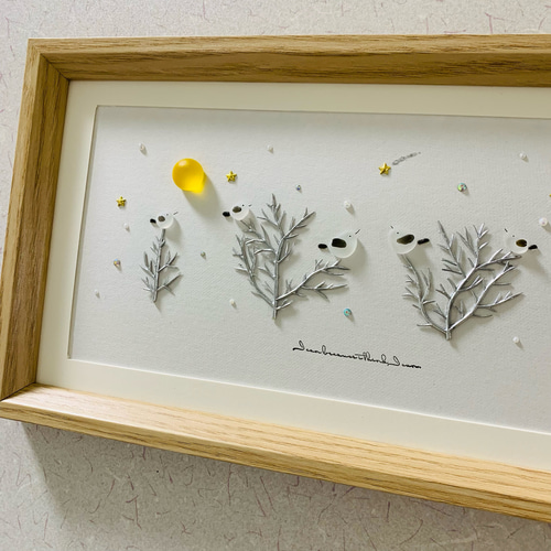 シーグラスアート 幸せのシマエナガ家族 流れ星 インテリア雑貨 壁掛け