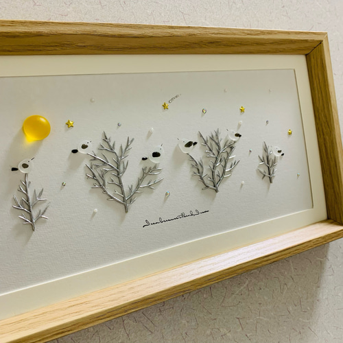 シーグラスアート 幸せのシマエナガ家族 流れ星 インテリア雑貨 壁掛け