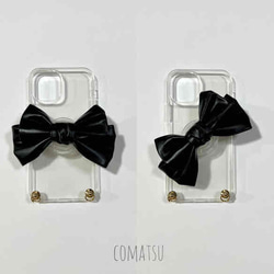 【全機種対応】大ぶりPUレザーりぼん スマホケース グリップソケット+ハンドストラップ付き スマホカバー 6枚目の画像