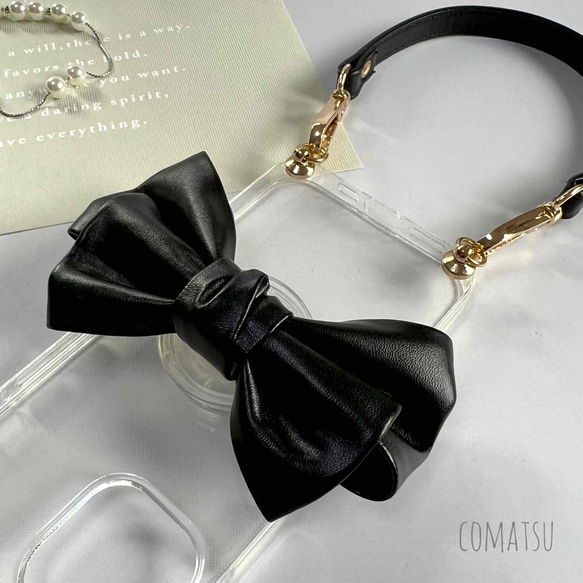 【全機種対応】大ぶりPUレザーりぼん スマホケース グリップソケット+ハンドストラップ付き スマホカバー 3枚目の画像