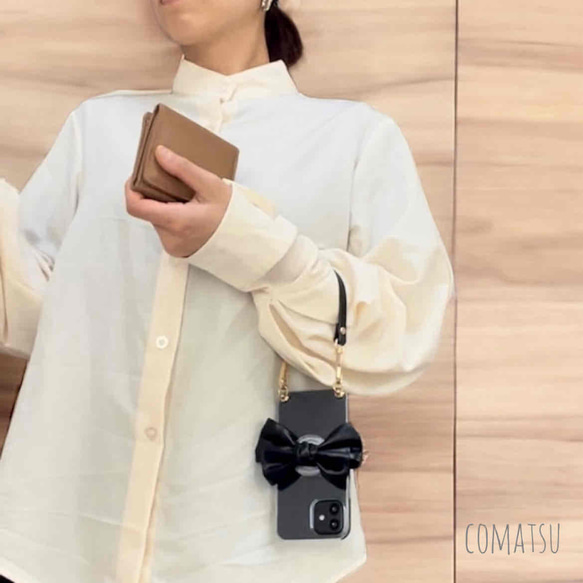 【全機種対応】大ぶりPUレザーりぼん スマホケース グリップソケット+ハンドストラップ付き スマホカバー 11枚目の画像