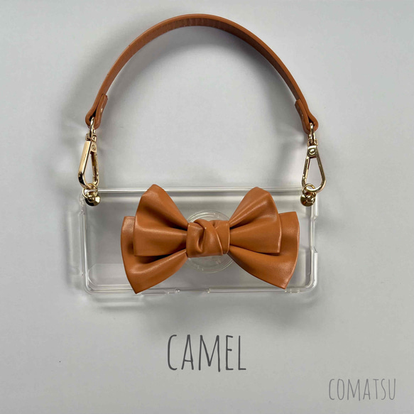 【全機種対応】大ぶりPUレザーりぼん スマホケース グリップソケット+ハンドストラップ付き スマホカバー 5枚目の画像