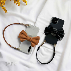 【全機種対応】大ぶりPUレザーりぼん スマホケース グリップソケット+ハンドストラップ付き スマホカバー 8枚目の画像
