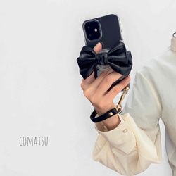 【全機種対応】大ぶりPUレザーりぼん スマホケース グリップソケット+ハンドストラップ付き スマホカバー 9枚目の画像